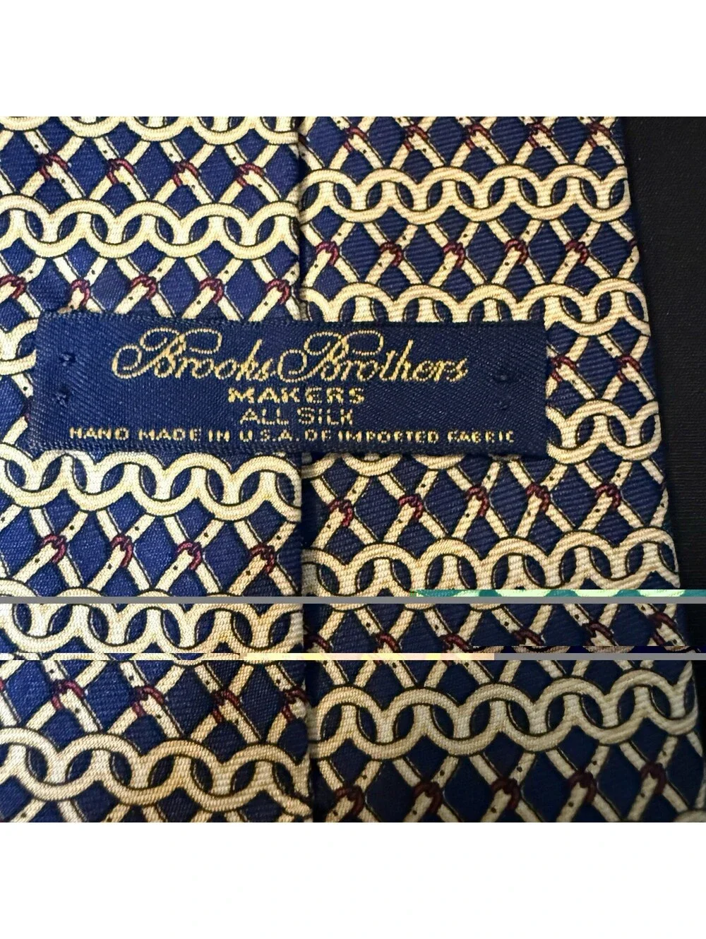 Brooks Brothers Makers Navy Gold Chain Link Pattern Silk Tie 59” x 4” USA